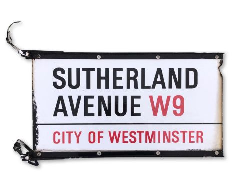 Two enamelled iron street post signs for Sutherland Avenue W9, City of Westminster, with iconic black and red sans serif lett