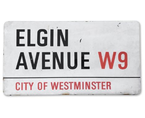 An enamelled iron street sign for Elgin Avenue W9, City of Westminster with iconic black and red sans serif lettering first c