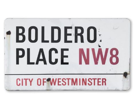 An enamelled iron street sign for Boldero Place NW8, City of Westminster, with iconic and black and red sans serif lettering 
