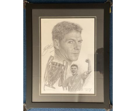 Football Liverpool Legend Steven Gerrard Signed Jonathan Wood Pencil Drawn Print in Frame. Signed in Silver ink. Frame Measur