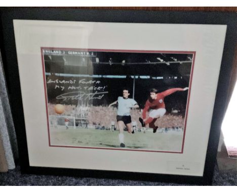 Geoff Hurst signed 24x20 framed and mounted 1966 colour print inscribed England's Fourth My Hat Tick !. Good condition. All a