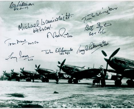 WWII Battle of Britain multi signed 10x8 black and white photo includes 9 Spitfire pilots signatures such as Wg Cmr Tim Elkin