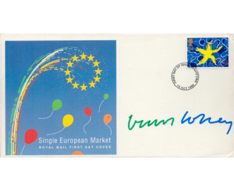 David Hockney, a signed (in green and blue ink) 1992 European Market FDC with insert. The stamp was designed by Hockney. A Br