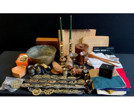 Boxes &amp; Objects - 20th century wooden cylindrical tea caddy;  leather strap mounted Horse brasses;  pair of candlesticks;