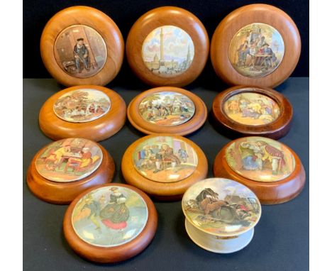 A Prattware paste pot and cover, War;  other lids, Trafalgar Square, Dr Johnson, A pair, On Guard etc mostly framed (11) 