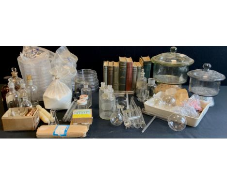Scientific interest - vintage receptacles, test tubes, petri dishes, Moncrief glass Desiccator, metal test samples, some date