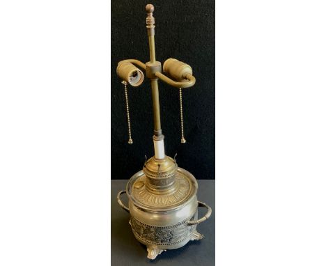 An unusual silver plated lamp, shaped as a Moroccan samovar with engraved foliage and beading, 53cmx26cm 