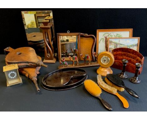 An ebony dressing table vanity set, inc tray, pair of candlesticks, two brushes;  twist carved oak candlestick;  birds eye ma