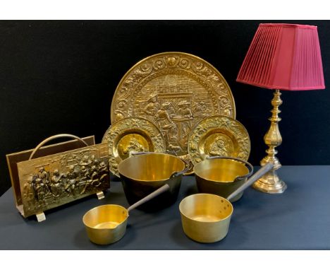 Metalware - graduated brass pans; facet brass table lamp, plaques, etc, lamp 73cm high; etc 