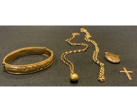 A 9ct gold belcher necklace;  9ct gold  necklace, football pendant;  oval locket, etc18.4g gross;  a rolled gold hinge bangle