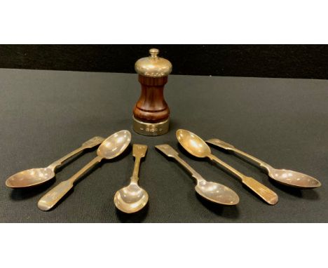 A set of six Victorian silver teaspoons, London 1895, 156g gross;  silver mounted wooden pepper grinder, 