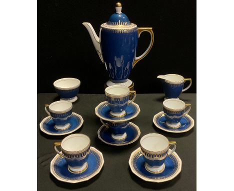 A Copeland Spode, ‘Ryde’ (3134 pattern), tea set for six, in blue glaze, comprised of tea pot, six cups and saucers, milk jug