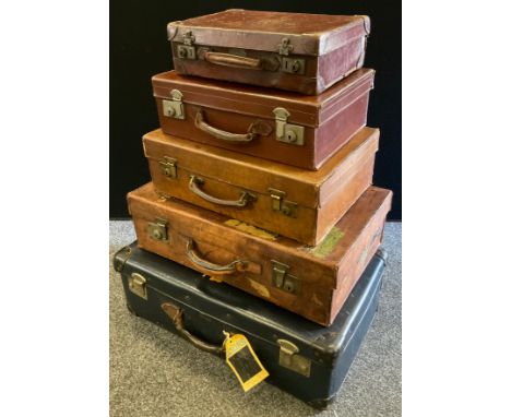 Vintage Luggage - brown leather fitted vanity case;  another,  three suit cases, assorted colours and sizes, largest approx 6