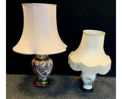 A modern Japanese satsuma style table lamp, fanciful birds floral grounds, gilt highlights 45.5cm high;  another smaller flor