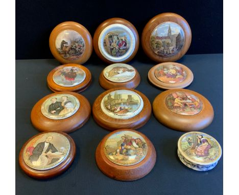 A Prattware paste pot and cover, The listener, marbleised exterior;  other pot lids inc  The Fish Monger with moulded frame, 