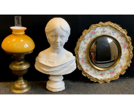 A Plaster Portrait bust of a young girl, pedestal base, mid 20th century, 50.5cm high x 29.5cm wide;  an early 20th century b