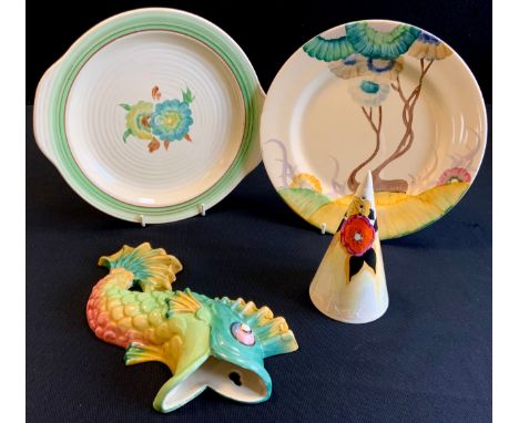 A Clarice Cliff Newport pottery wall pocket as a fish, in tone of blue green and pink, printed marks, no 792, 23cm high;  con