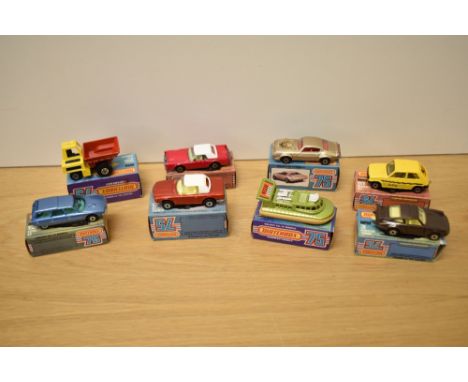 Eight 1974-82 Matchbox die-casts, No2 Rescue Hovercraft, No3 Porsche Turbo, No6 Mercedes Tourer, No12 Citroen CX, No16 Pontia