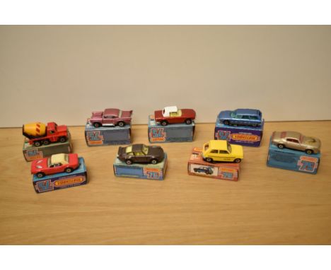 Eight 1974-82 Matchbox die-casts, No1 Dodge Challenger, No3 Porsche Turbo, No4 57 Chevy, No6 Mercedes Tourer, No12 Citroen CX