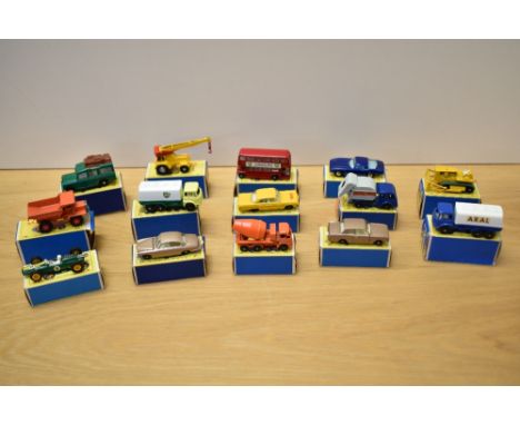 Fourteen 1965-68 Matchbox Lesney die-casts, No 5 London Bus, No 11 Jumbo Crane, No 12 Safari Land Rover, No 14 Iso Grifo, No 