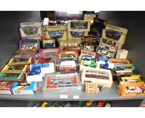 A shelf of 1970's and later die-casts including Dinky Silver Jubilee Bus, 1981 Matchbox, Solido, modern Corgi, Brumm etc, mos