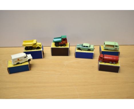 Six 1961-65 Matchbox Lesney die-casts, No 2 Muir Hill Dumper, No 6 Euclid Quarry Truck, No 11 Petrol Tanker, No 14 Lomas Ambu