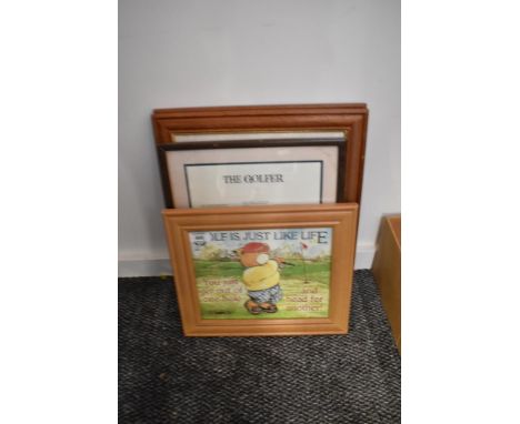 Four Golfing framed and glazed prints, Jim Bateman, The Colonel and Caddy, The Woman Hater, Gary Patterson The Golfer and Jac