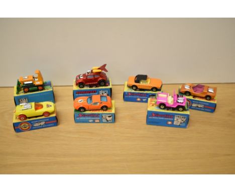 Seven 197072 Matchbox die-casts, No1 Mod Rod, No2 Jeep Hot Rod, No3 Montevdi Hai, No4 Gruesome Twosome, No6 Mercedes 350SL, N