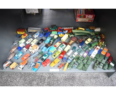 A shelf of Matchbox Lesney, Matchbox playworn die-casts including Military, Batman, Vans, Construction etc, includes some rep