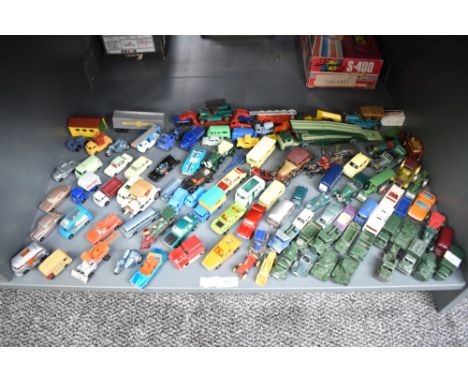 A shelf of Matchbox Lesney, Matchbox playworn die-casts including Military, Batman, Vans, Construction etc, includes some rep