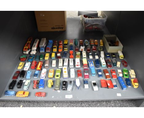 A shelf of playworn die-casts, Matchbox, Dinky, Lesney etc, most in good condition with little sign of wear, 90+