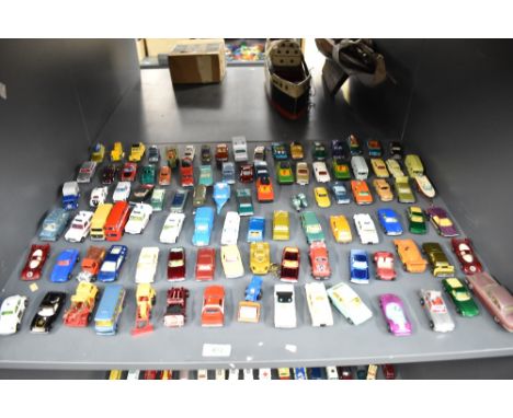 A shelf of playworn die-casts, Corgi Junior, Matchbox Hotwheels, Corgi etc, most in good condition with little sign of wear, 