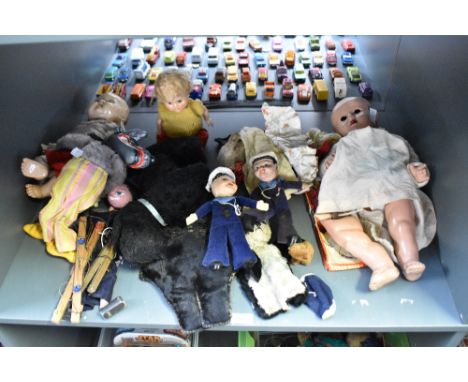 A shelf of mixed vintage Dolls and Puppets including two Norah Wellings Sailors, Pelham Wolf &amp; Sailor, Celluloid Dolls, P