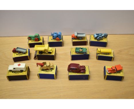 Twelve 1954-60 Matchbox Moko Lesney die-casts, No 1 Road Roller, No 3 Cement Mixer, No 4 Motorcycle &amp; Sidecar, No 6 Quarr