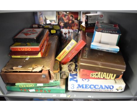 A shelf of vintage Games and Toys including Totopoly, Cluedo, Ludo, Chad Valley Scalado, Meccano No 3 Motorised Construction 