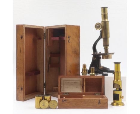 Oak cased 19th century microscope by R&amp;J Beck, London with a small student's example. UK P&amp;P Group 3 (£30+VAT for the