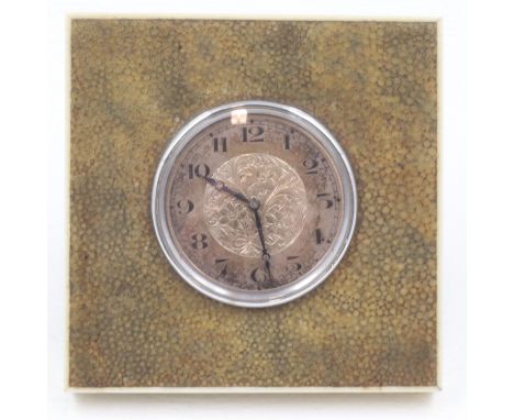 Shagreen and mahogany bound table clock with silvered dial, easel stand, H: 12 cm. UK P&amp;P Group 2 (£20+VAT for the first 