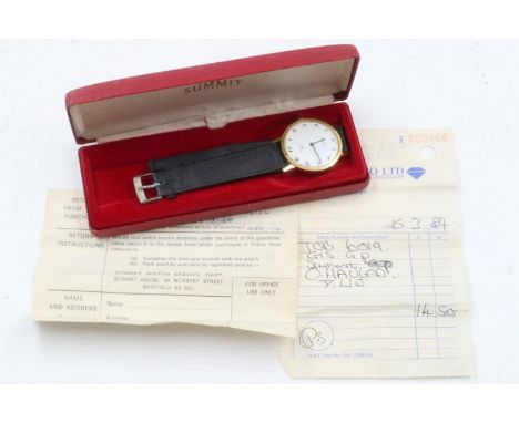 SUMMIT: gents manual wind wristwatch, gold plated case with white dial, working at lotting, boxed with purchase receipt dated