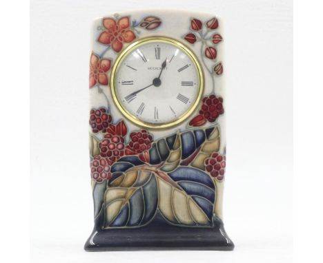Moorcroft table clock, crazing but no cracks or chips, requires battery, H: 16 cm.UK P&amp;P Group 1 (£16+VAT for the first l