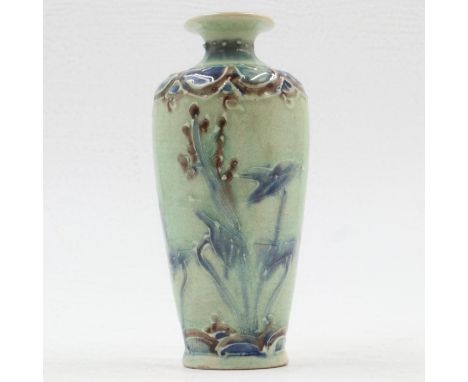 19th century tube-line decorated miniature vase, unmarked (likely Moorcroft), H: 90mm, crazed but no chips or cracks. UK P&am