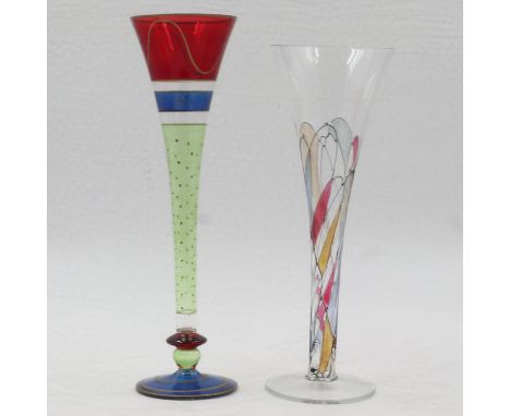Two glass and enamel hollow stemmed champagne glasses of abstract design, largest H: 27 cm. UK P&amp;P Group 3 (£30+VAT for t