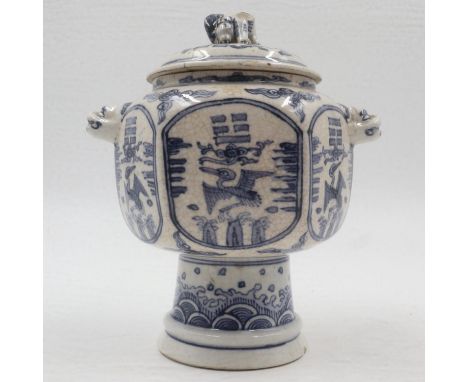 19th century footed censer, hexagonal form body decorated with cranes and applied masks, cover with damage, H: 18cm. UK P&amp