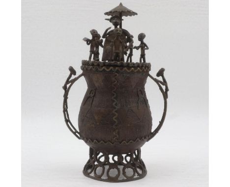 African bronze covered vessel, with two handles and figural decoration, H: 29 cm. UK P&amp;P Group 2 (£20+VAT for the first l