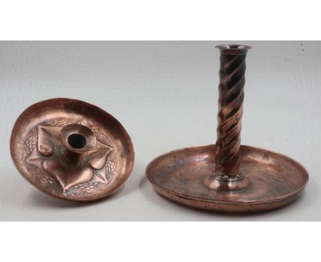 Two late nineteenth century copper candlesticks, largest H: 20cm. UK P&amp;P Group 2 (£20+VAT for the first lot and £4+VAT fo