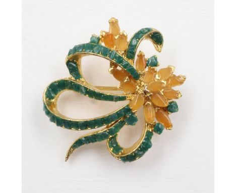 Yellow metal brooch formed with ribbons and flowers set with yellow amber and emeralds. UK P&amp;P Group 0 (£6+VAT for the fi