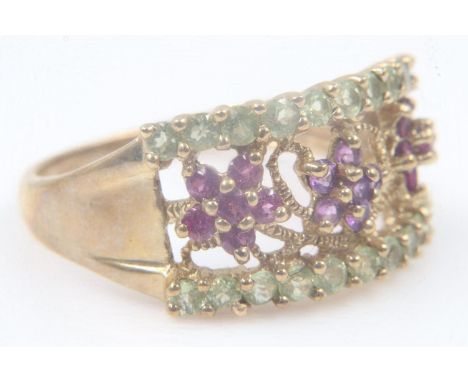 9ct gold pierced ring set with coloured stones, size T, 3.7g. UK P&amp;P Group 0 (£6+VAT for the first lot and £1+VAT for sub