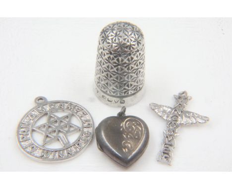 Charles Horner silver thimble and three silver charms. UK P&amp;P Group 0 (£6+VAT for the first lot and £1+VAT for subsequent