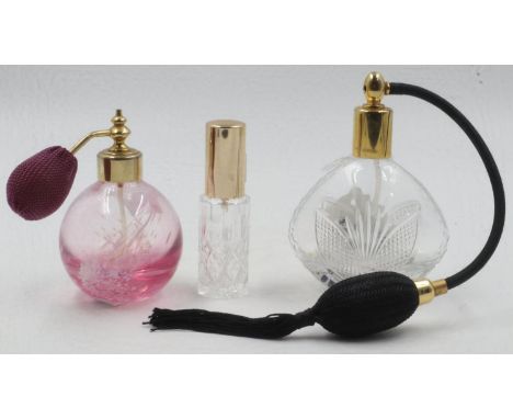 Kilkenny Crystal atomiser, signed to base, a Caithness atomiser plus a crystal hang bag example. UK P&amp;P Group 3 (£30+VAT 