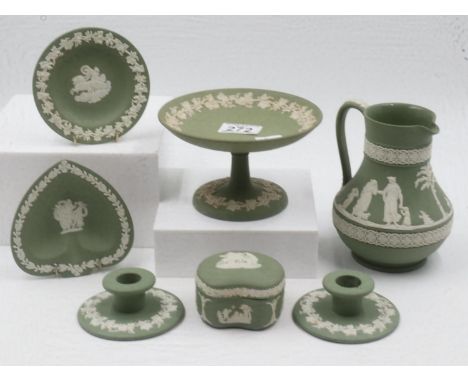 Seven pieces of Wedgwood sage green Jasperware. UK P&amp;P Group 3 (£30+VAT for the first lot and £8+VAT for subsequent lots)