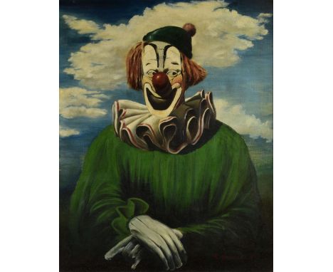 R Gabriel. Half length portrait of a clown, oil on canvas, signed and dated lower right R Gabriel, '49,  75cm x 59cm.   